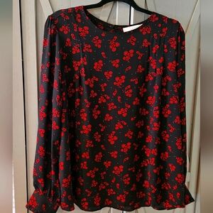 LOFT Floral Black and Red Women's Top Large